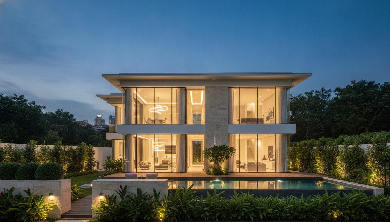 Twilight architectural photograph of a modern landed home exterior